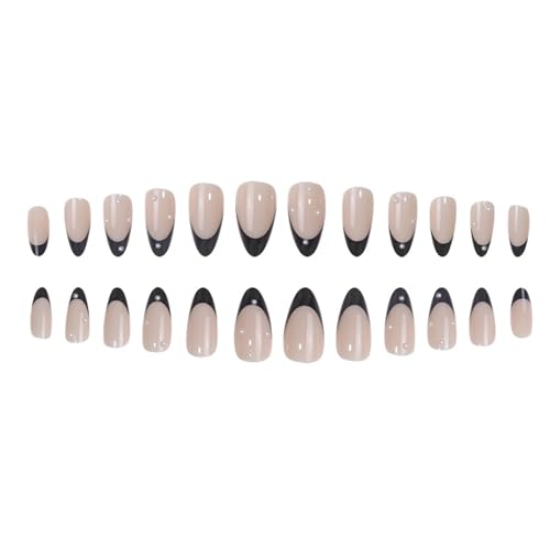 Black French Tip Almond Press On Nails with Pearl Design 24 Pcs