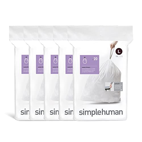 simplehuman Code L 100 Count, Dispenser Pack Custom Fit Liners, Drawstring Trash Bags, 18 Liter / 4.7 Gallon, White