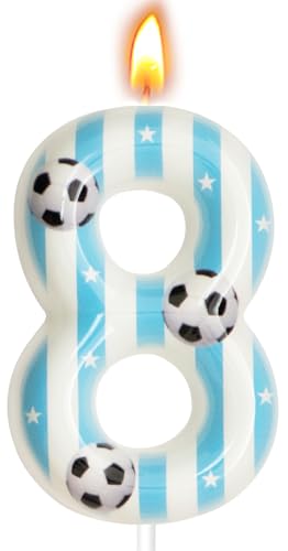 Blue Soccer Themed Number 8 Birthday Candles for Cake Decoration - Candsun