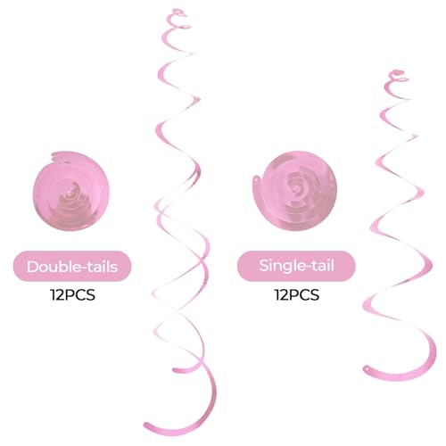 24 PCS Pink Hanging Swirl Decorations, Reusable PVC Ceiling Streamers