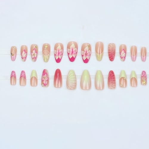 BABALAL Medium Almond Press on Nails French Tip Yellow Pink 3D