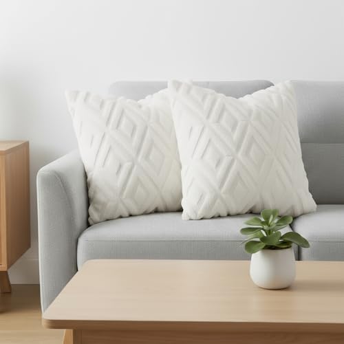 Pallene Cream White Faux Fur Throw Pillow Covers Set of 2 - 18x18 Decorative Pillow Cases with 3D Diamond Pattern