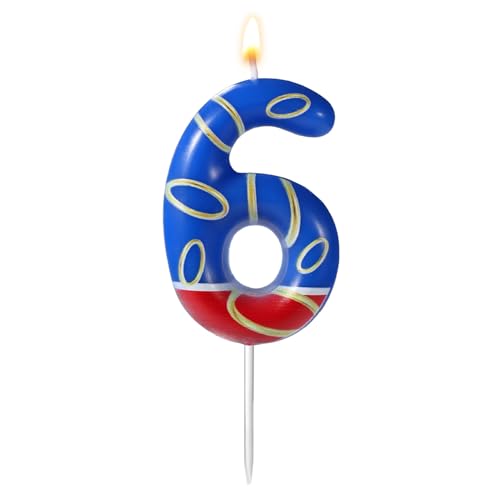Blue Number 6 Birthday Candle with Gold Ring Print