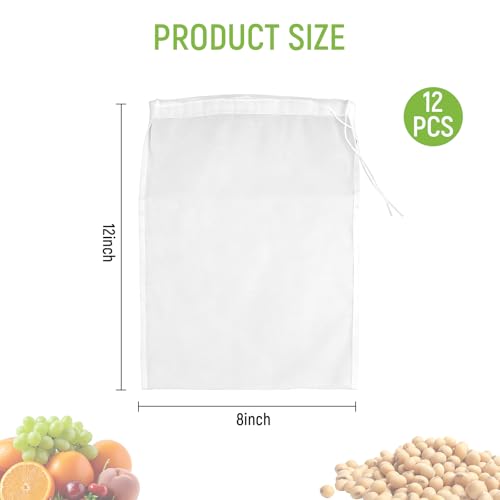 Canumer 12-Pack Nut Milk Bags, 200 Mesh Nylon Strainer Bags 12x8"