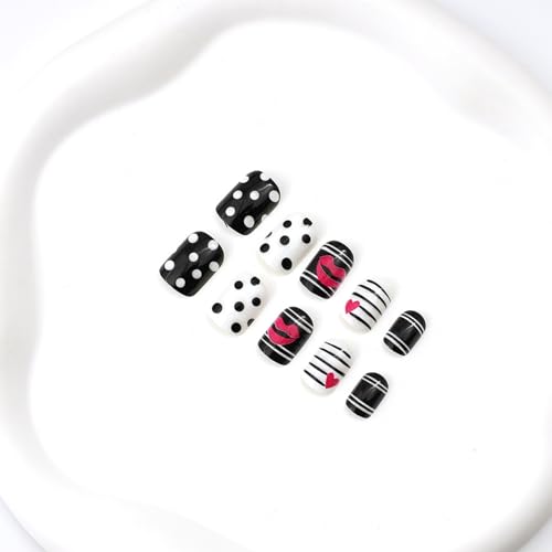 Valentine Short Square Press on Nails with Heart and Lip Designs - 24 Pcs