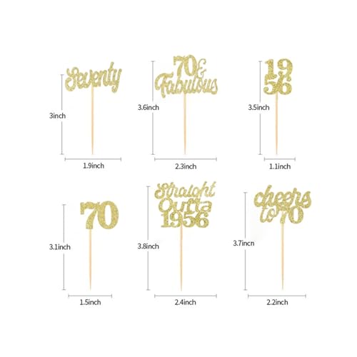 70th Birthday Cupcake Toppers - 12 Gold Glitter Decorations