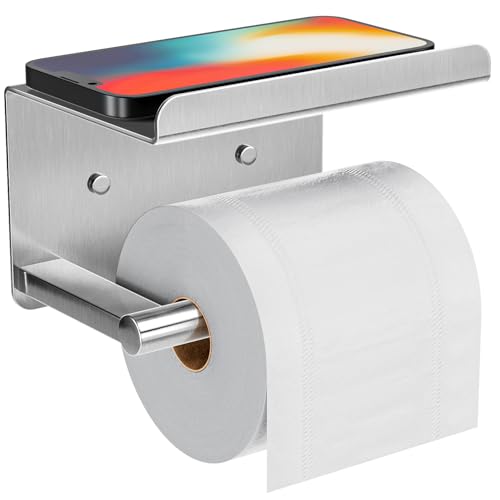 Silver Adhesive Toilet Paper Holder with Shelf - Stainless Steel