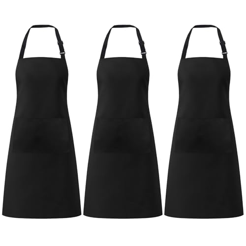 Okxiri 3 Pack Black Adjustable Waterproof Kitchen Aprons with Pockets