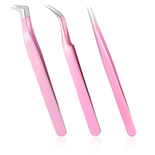 Xelsluthe 3-Piece Stainless Steel Eyelash Extension Tweezers Set, Straight and Curved Precision Lash Tools for Volume Lashes and Nail Art