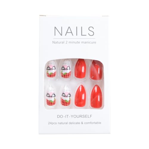 Christmas Press On Almond False Nails Red Glossy Winter Holly Designs