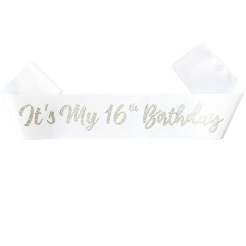 It's My 16th Birthday Satin Sash with Silver Glitter Letters, White