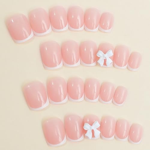 White French Tip Press on Nails Short Square False Nails with Bow