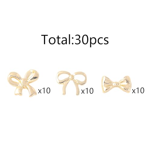 LUNARWHIRL 30 Pcs Metal Bow Nail Charms - 3D Golden Bowknot Gems