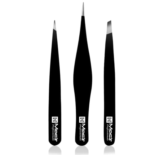 Macs Professional Tweezers Set - 3 Pcs Stainless Steel Precision Pointed & Slant Tweezers for Eyebrows and Ingrown Hair Removal