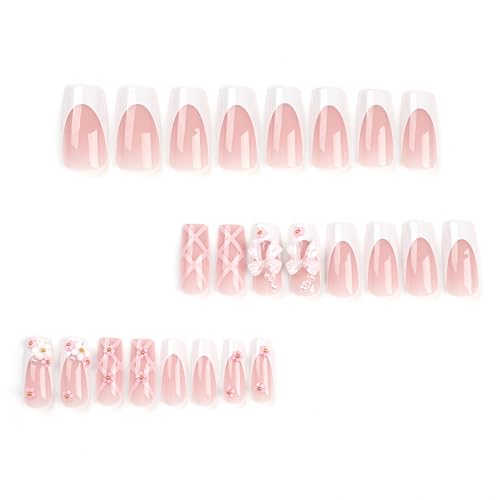 Pink Floral Press on Nails Long Square Reusable False Nails with Bows 24PCS