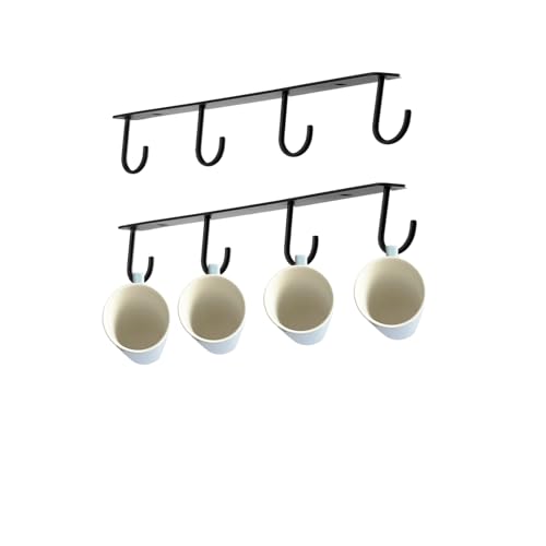 Metal Mug Holder with 8 Hooks - Under Cabinet Storage Organizer (4 Hooks-2x, Black)
