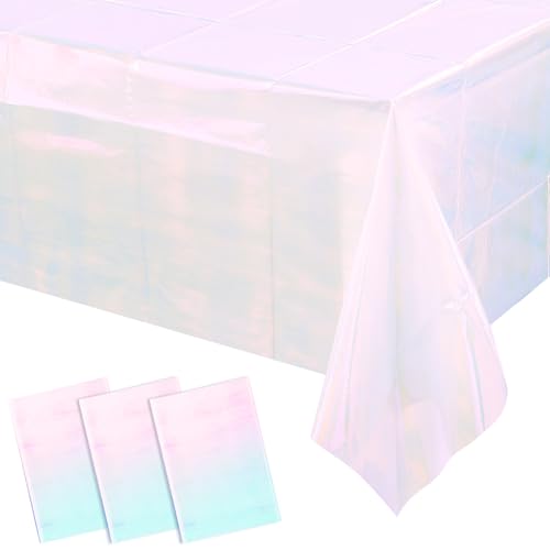 3 Pack Iridescent White Plastic Tablecloths - 40 x 108 Inch Disposable Covers for Parties