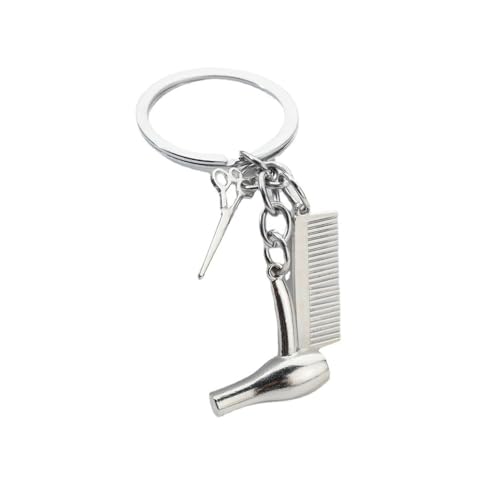 Hairdresser Keychain with Comb Scissors and Hair Dryer Charms Silver