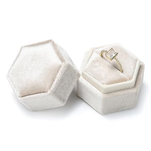 Etercycle Hexagon Velvet Ring Box - 1 Slot Beige Jewelry Display Holder
