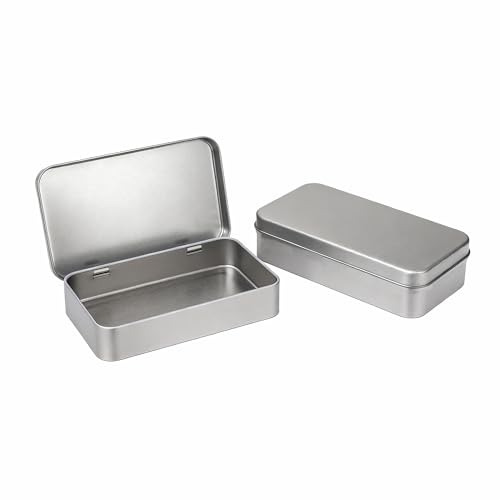 LJY 2 Pack Metal Storage Tins with Hinged Lids - Silver, 5.9x3.5x1.2 in
