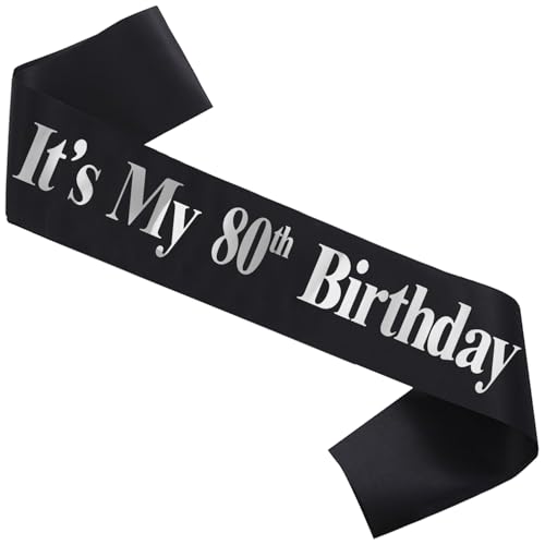 80th Birthday Sash - Black Satin with Silver Foil Lettering for Men and Women