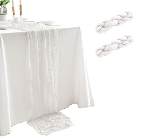 KingCheer 2Pcs Cheesecloth Table Runner 10FT Boho Rustic Gauze White