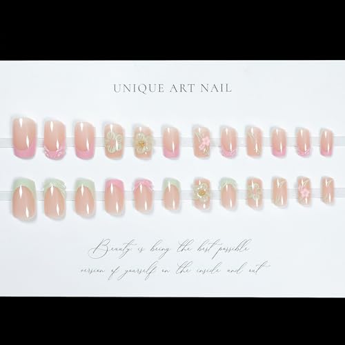 Pink French Tip Press on Nails Short Square False Nails with 3D Flower Design