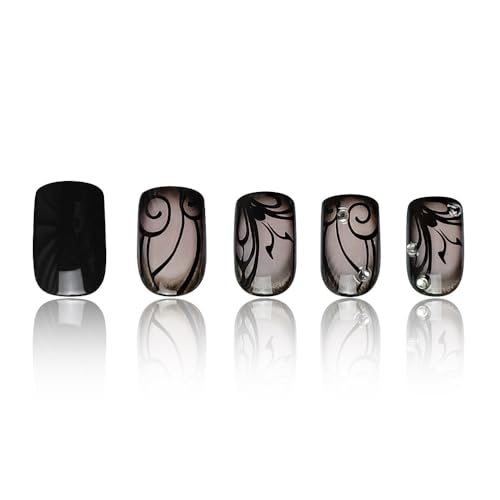 OHWODA Short Square Press on Nails Black Vine Glossy False Nails 24Pcs