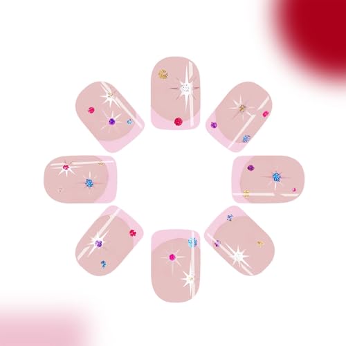 IMRAIN Short Square Press On Nails Glossy Pink French Tips Rhinestone Star