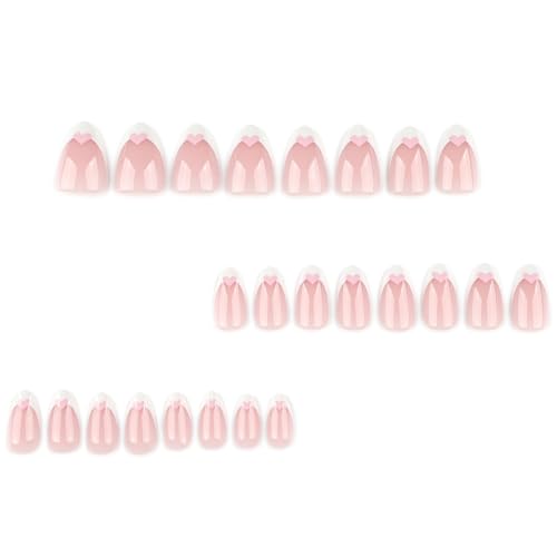 Short Almond Press on Nails French Tip with Pink Heart Valentines Fake Nails Kit
