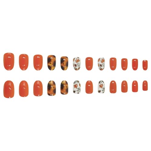Fall Short Press on Nails Oval Orange Maple Leaf Acrylic False Nails