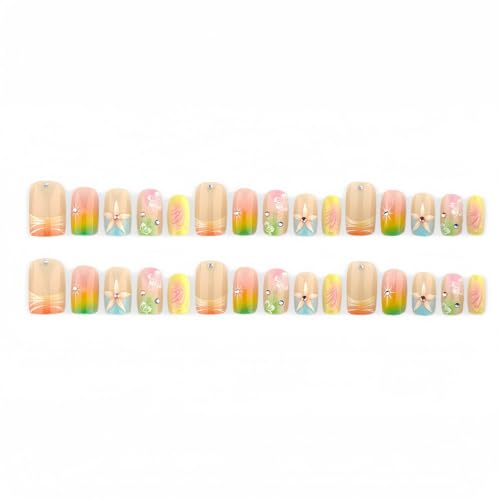 Pink French Tip Press On Nails with Butterfly Rhinestones 30Pcs
