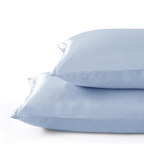 Light Blue Satin Pillowcase Set of 2 with Zipper - Standard (20x26) for Hair & Skin