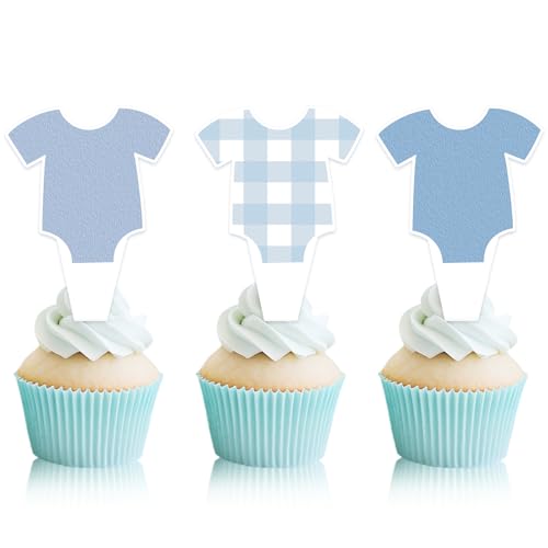 48 PCS Blue Bodysuit Cupcake Toppers for Baby Shower Party