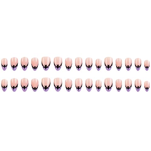 Halloween Press on Nails Short Almond False Nails Black Bat Purple French Tip