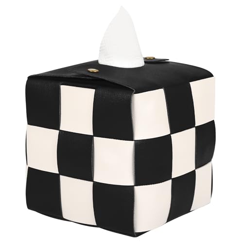 Modern Square PU Leather Tissue Box Cover - Black and Beige Checkered