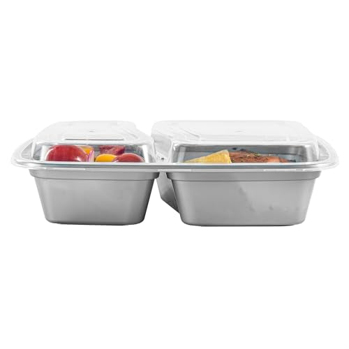 Restaurantware-Asporto 26 Ounce Compartment Take Out Boxes, 100 Microwavable Meal Prep Containers - 2 Compartments, With Clear Plastic Lids, Silver Plastic Food Containers, Do Not Contain BPA