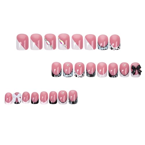 Black and White French Press on Nails Short Square with Rhinestones Bow