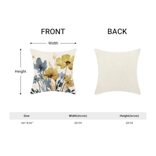 Vintage Floral Pillow Covers 20x20 Inch, Blue Yellow Linen Throw Pillows Set of 2