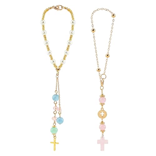 2 Pack Crystal Cross Rearview Mirror Charms - Beaded Hanging Ornaments