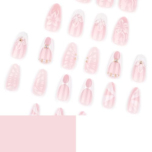Medium Almond Press on Nails White French Fake Nails with Flower Design