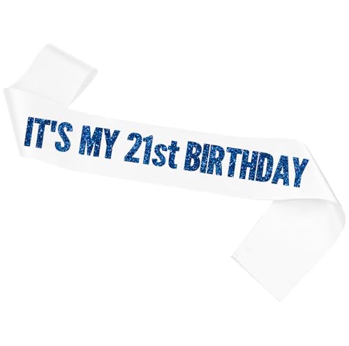 It's My 21st Birthday Satin Sash with Blue Glitter Letters White