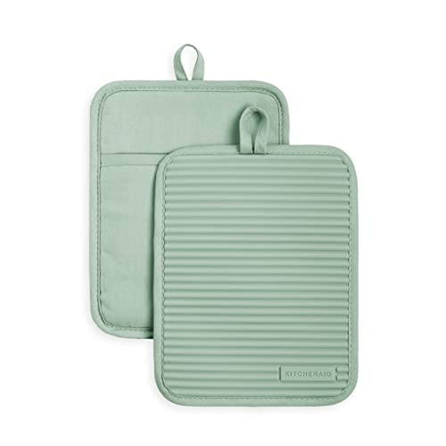 KitchenAid Ribbed Soft Silicone Pot Holder Set, 2-Pack, Pistachio Green, 7" x 9"