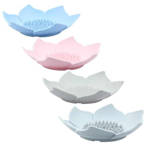 Coufce 4-Pack Silicone Soap Dish, Lotus Petal Self-Draining Soap Saver