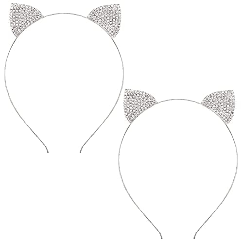 ZCMG Rhinestone Cat Ears Headband 2 Pcs Silver Crystal Hair Hoops