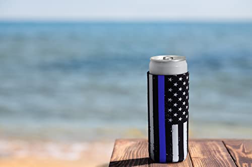 Thin Blue Line Collapsible Beer Can Cooler Sleeves - 2 Pack - Slim Size 12 oz