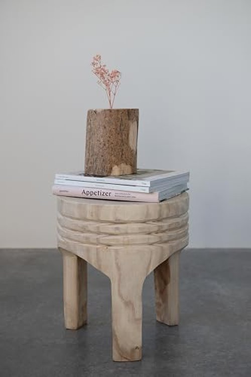 Creative Co-Op Boho Hand-Carved Paulownia Wood Stool, Natural