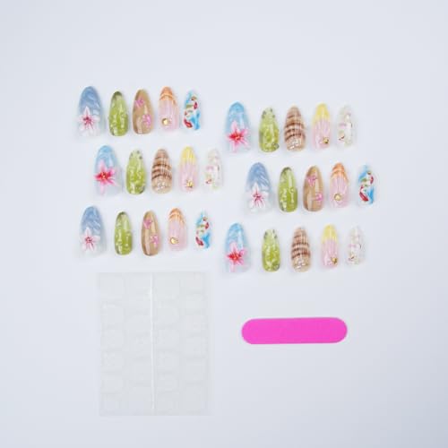 BUNLVDI Handmade Press on Nails Medium Almond 3D Floral Ocean Design