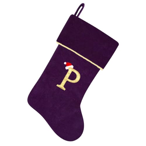 20'' Personalized Purple Velvet Christmas Stocking with Gold Letter P & Santa Hat