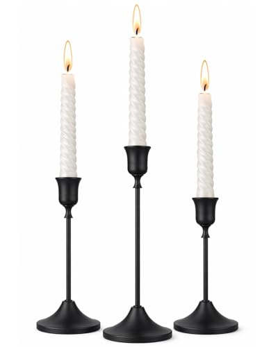 Qynoro Black Taper Candle Holders - Set of 3 Metal Candlestick Stands